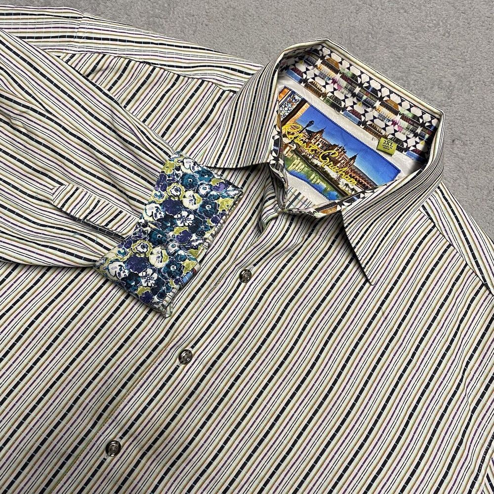 Robert Graham Shirt 2XL Multicolor‎ Vertical Stripe Flip Cuff Floral Textured